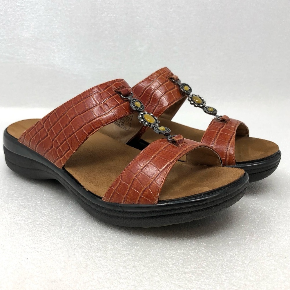 DR COMFORT Sharon Sandals Leather Croc Embossed Jeweled Slip On